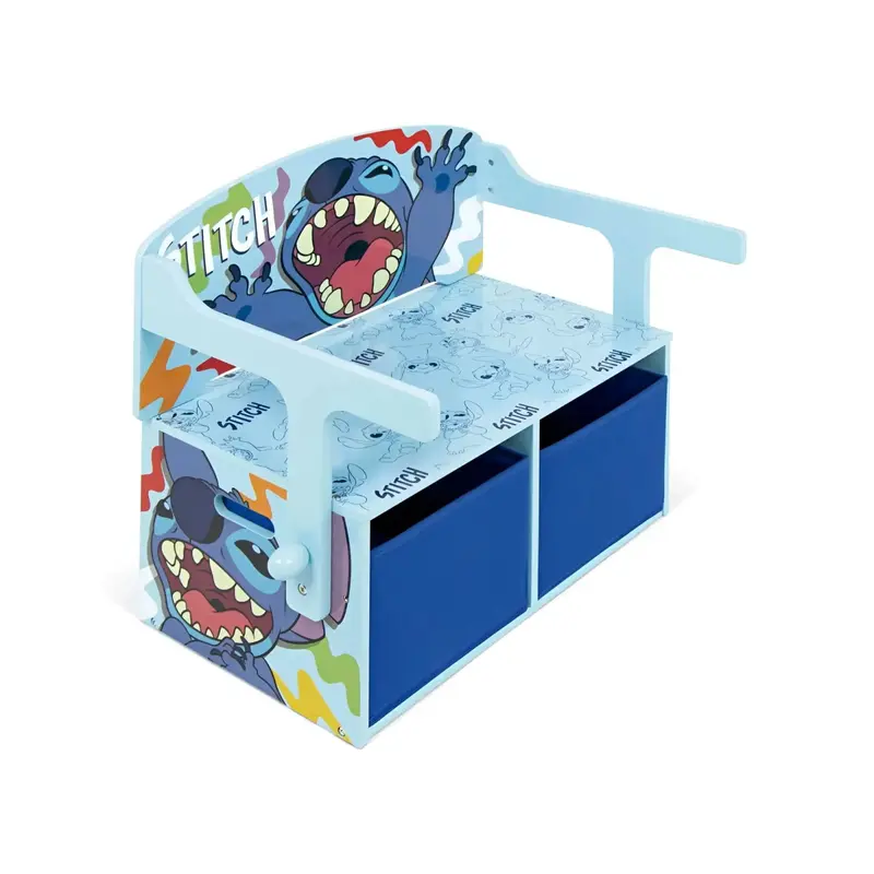 3 en 1 Banco para juguetes de madera, convertible en escritorio, con dos cestas almacenamiento STITCH