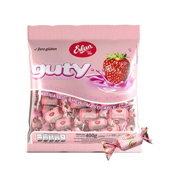 BALA SABOR GUTTY MORANGO MASTIGAVEL  ERLAN 400g.(caramelos masticables fresa)
