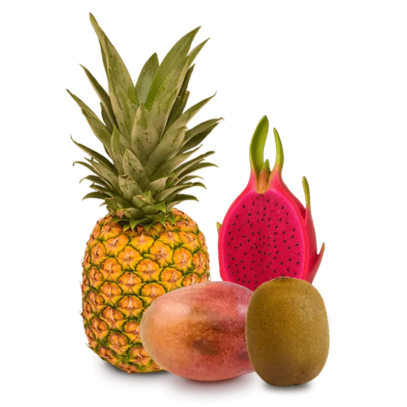 Cesta de Piña, Mangos, Kiwis y Pitahaya roja