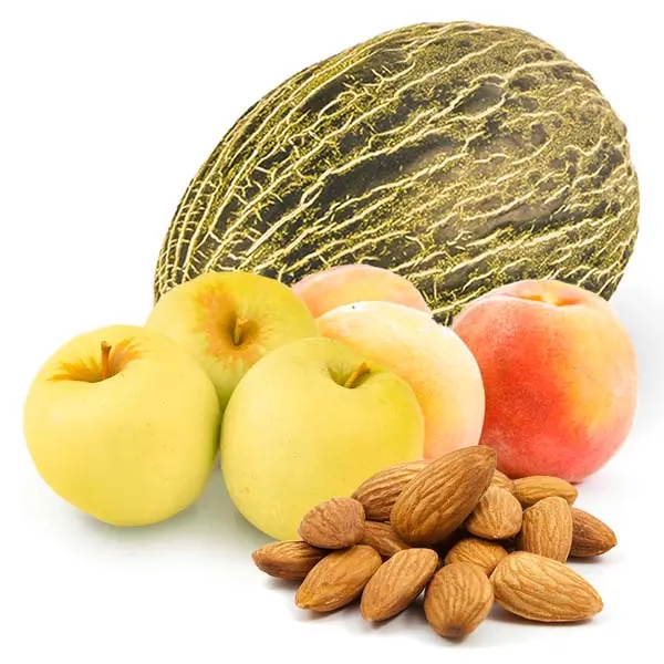 Cesta Manzanas Golden, Melocotones, Melón y Almendras