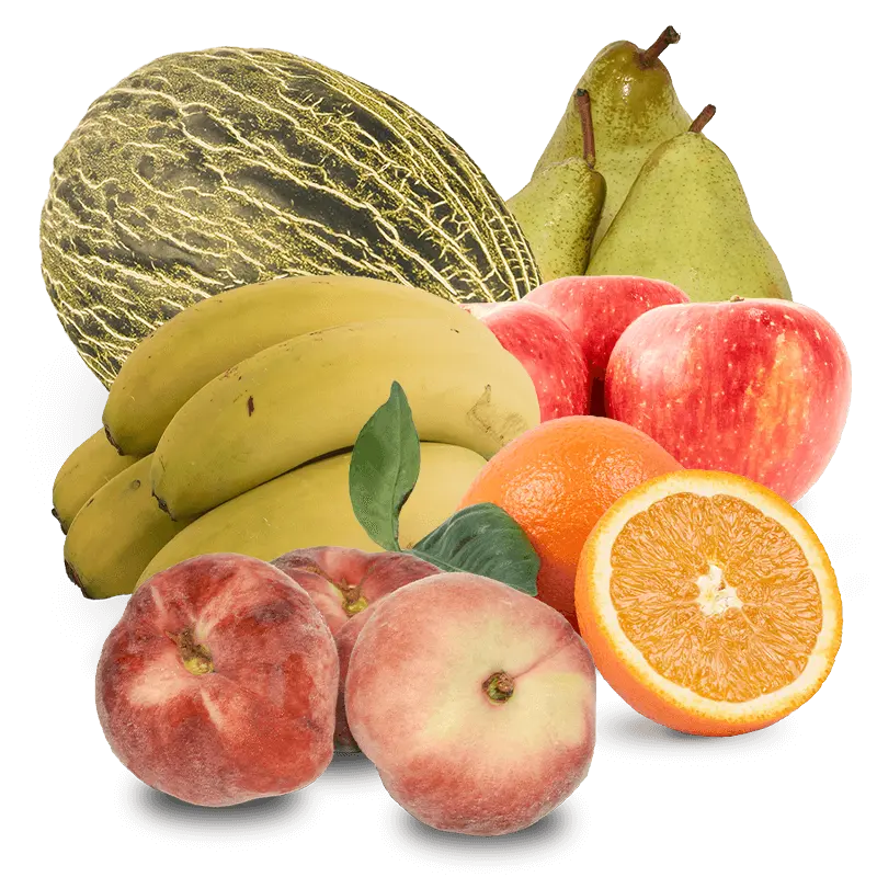 Cesta Melón, Manzanas, Peras, Plátanos, Naranjas de zumo y Paraguayos