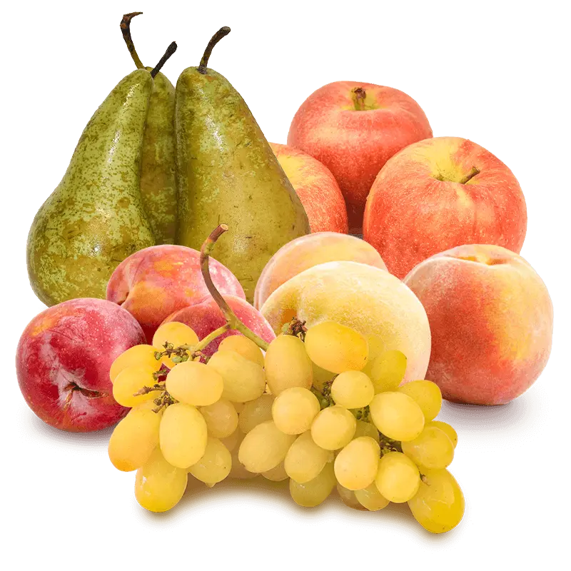 Cesta Mini Uva blanca, Ciruelas, Manzanas, Pera y Melocotones