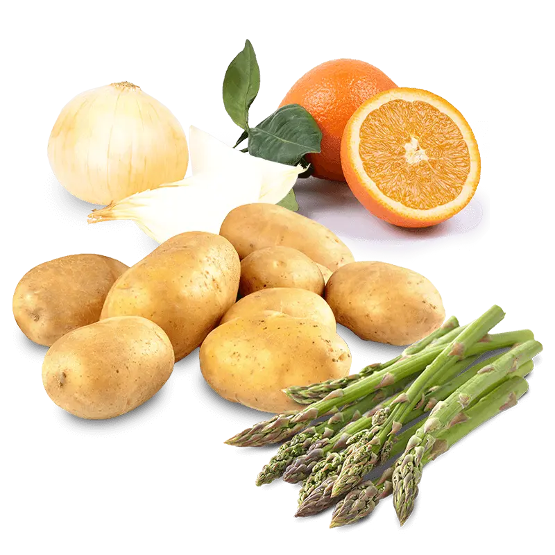 Cesta Naranjas de Zumo, Patatas, Cebollas y Espárragos Verdes