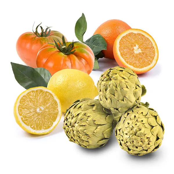 Cesta Naranjas de Zumo, Tomates Raf Valenciano, Alcachofas y Limones
