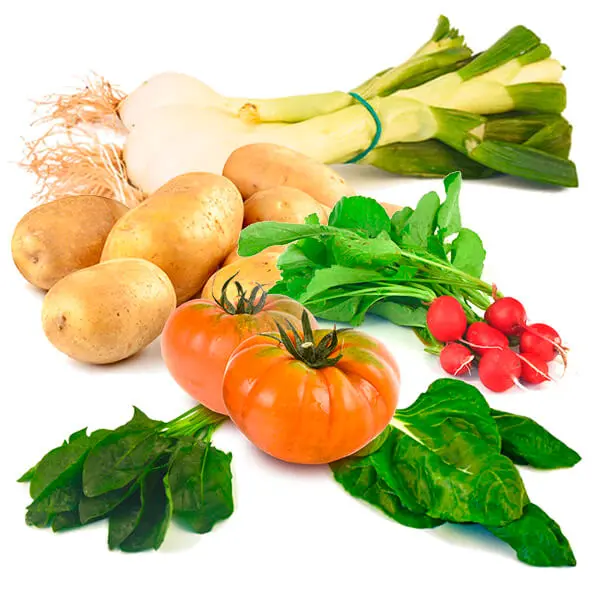 Cesta Patatas, Cebolla Tierna, Tomates, Acelgas, Espinacas y Rábanos