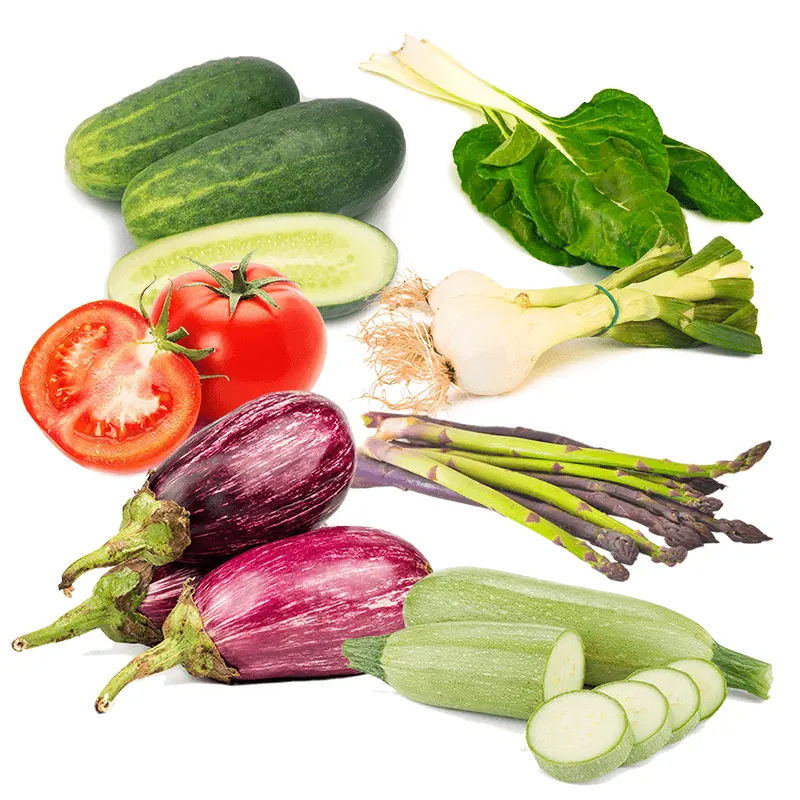 Cesta Tomate Valenciano Ensalada, Pepinos, Calabacín, Berenjenas, Cebolla tierna, Espárragos verdes y Acelgas