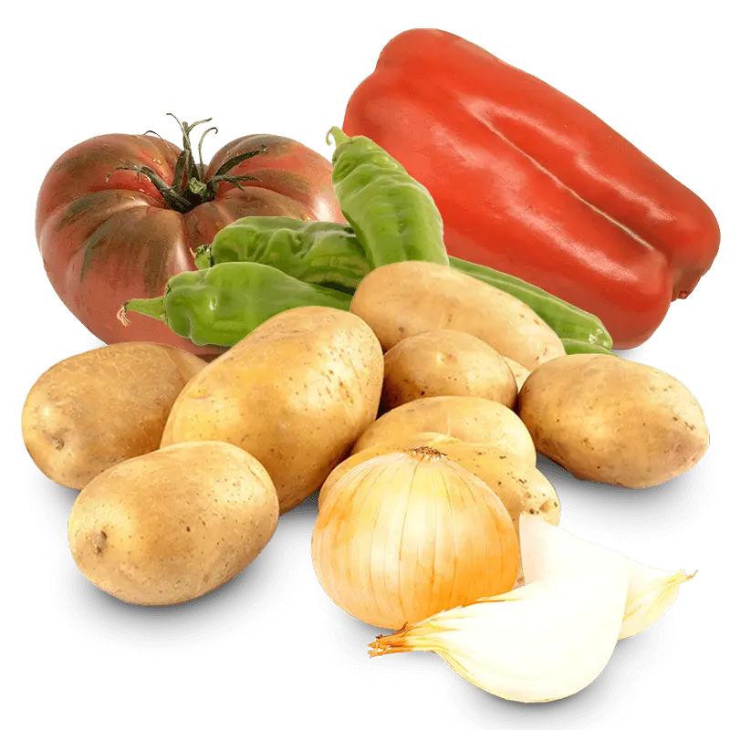 Cesta Tomate Valenciano, Patatas, Pimiento Rojo, Pimiento Verde y Cebolla