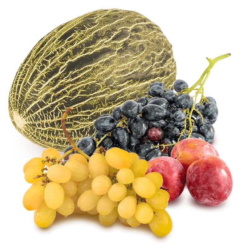 Cesta Uva blanca, Uva negra, Ciruelas y Melón