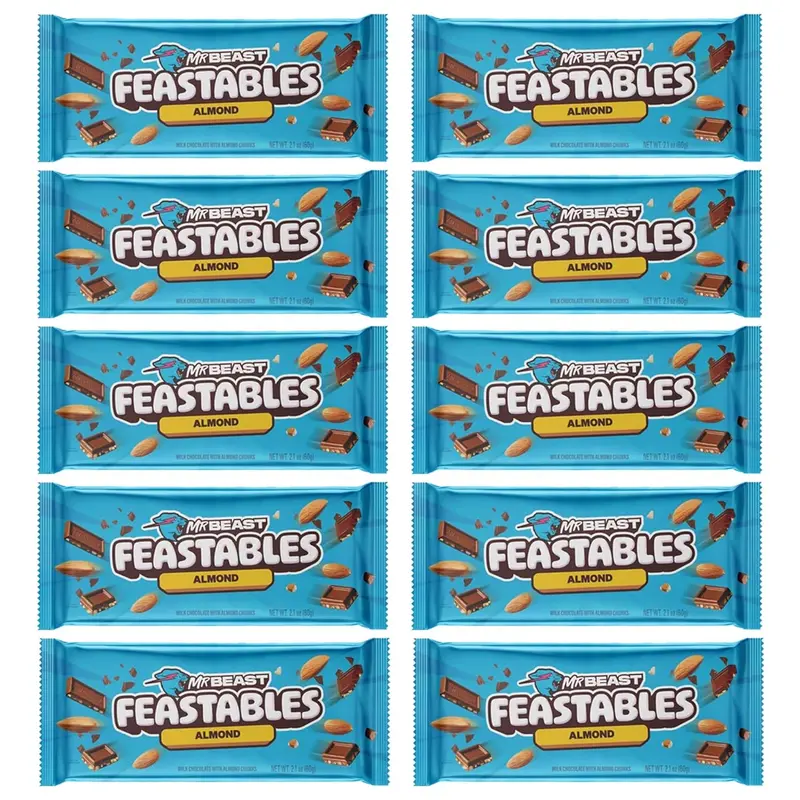 Feastables MrBeast Almond Chocolate - Tableta de chocolate con Almendra - Paquete a granel de 10 tabletas de chocolate de 60 g - Ideal para regalar y para fiestas de cumpleaños