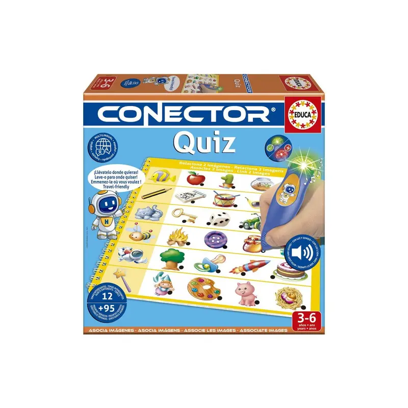 Juego conector Quiz. Incluye 6 láminas con 12 temáticas con boli con luz y sonido