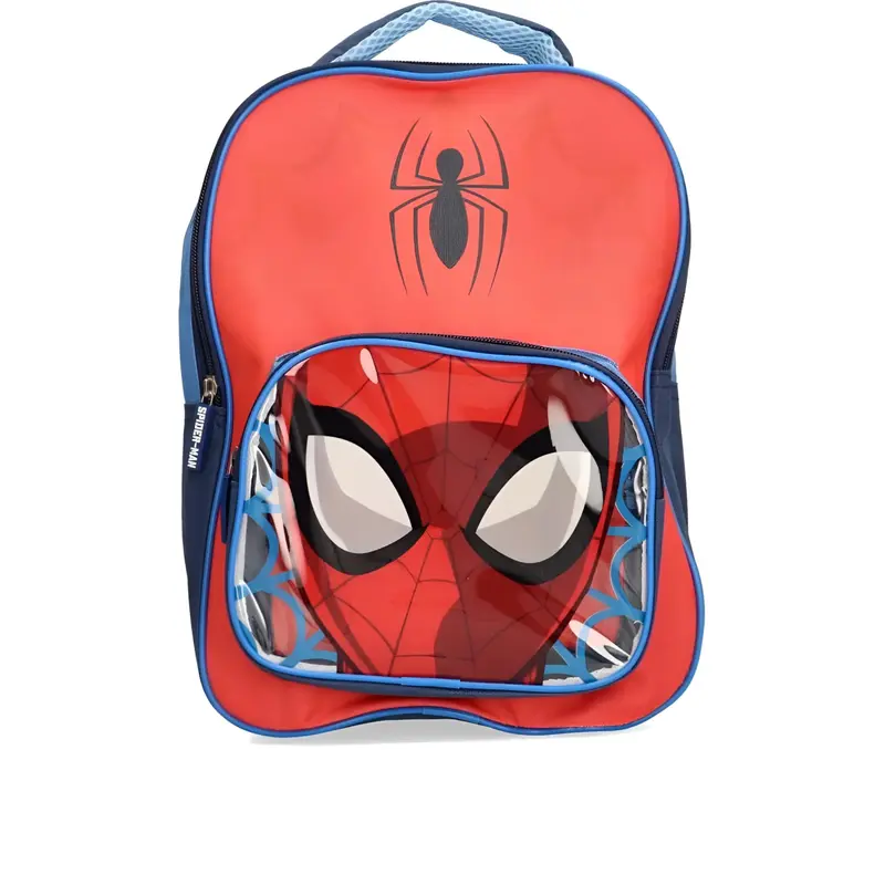 Mochila Infantil Spiderman Roja para Niños, Escolar y Diario, con Bolsillo Transparente, Telarañas Azules y Logotipo Oficial, Resistente y Cómoda, 26x32x10 cm