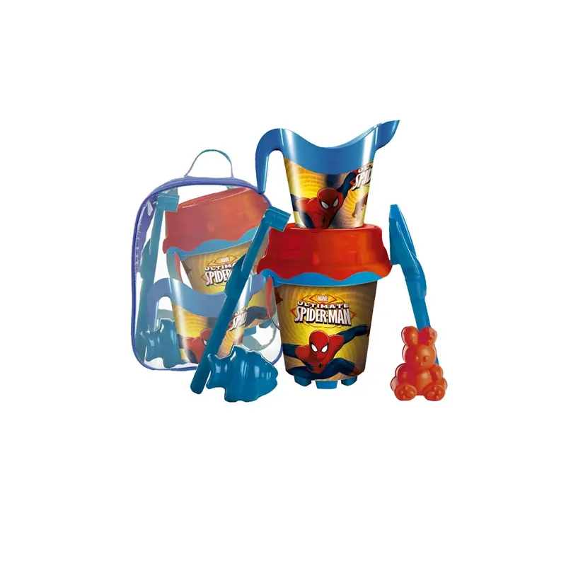 Mochila Spiderman con cubo de playa, cedazo, pala, rastrillo y moldes 18cm