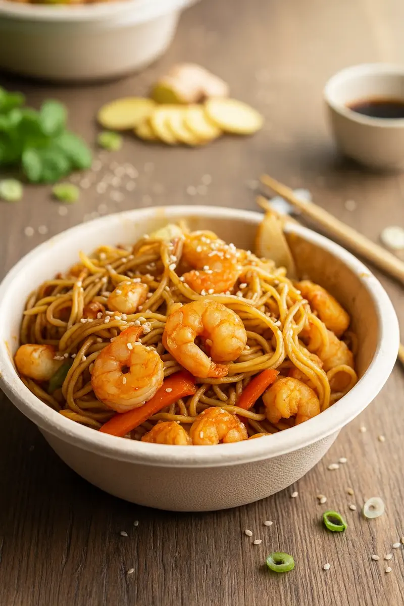 Noodles con Langostinos. Ración 650 gr