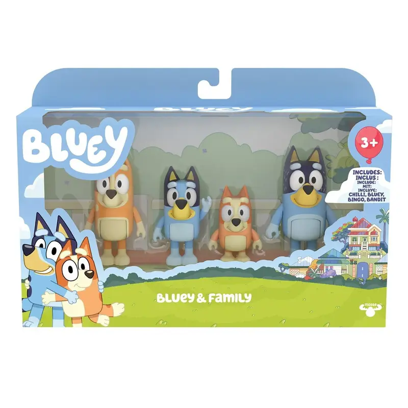 Pack 4 figuras de Bluey y familia (Bingo, Bluey, Bandit y Chilli)