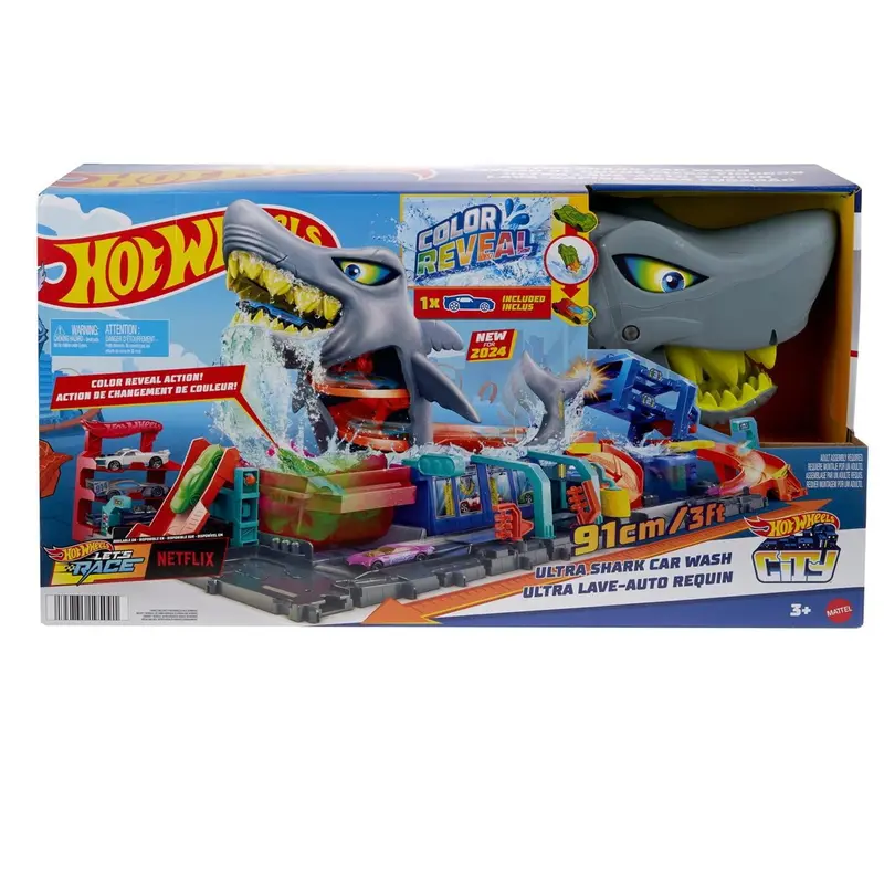 Pista Hot Wheels City Túnel de lavado con tiburón. Incluye coche que cambia de color