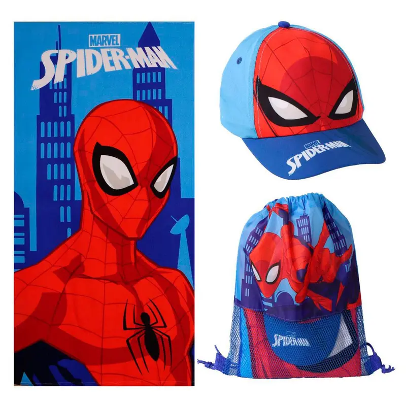 Set de toalla, gorra y saco mochila de Spiderman ideal verano