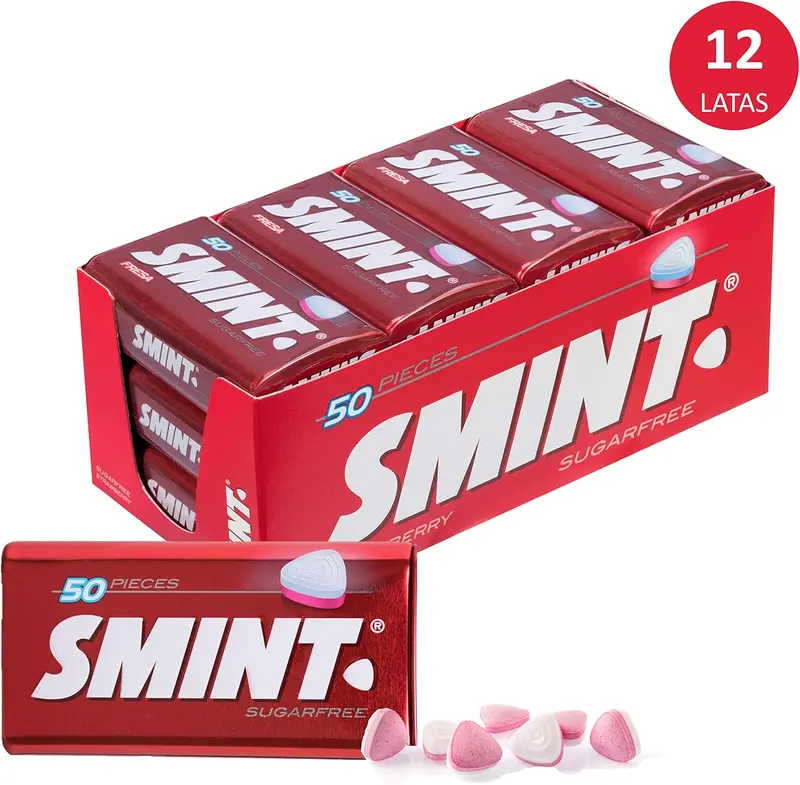 Smint Tin Fresa, Caramelo Comprimido Sin Azúcar - 12 unidades de 35 gr. (Total 420 gr.)
