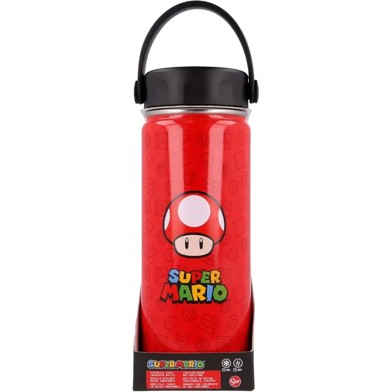Termo con asa acero inoxidable 530ml con tapa de Supermario y seta